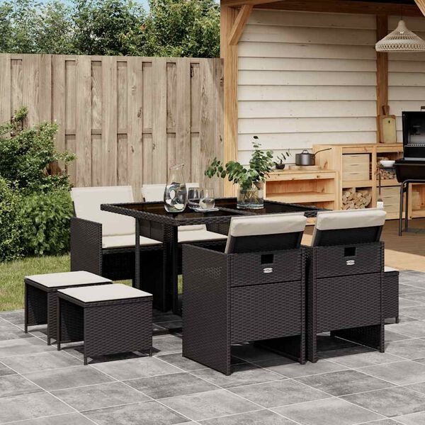 vidaXL 9 Piece Garden Dining Set with Cushions Black Poly Rattan