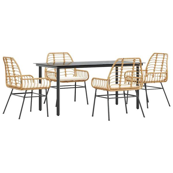 vidaXL 5 Piece Garden Dining Set with Cushions Brown Poly Rattan Glass