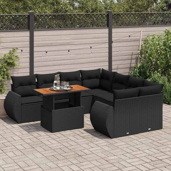 vidaXL 9 Piece Garden Sofa Set with Cushions Black Poly Rattan