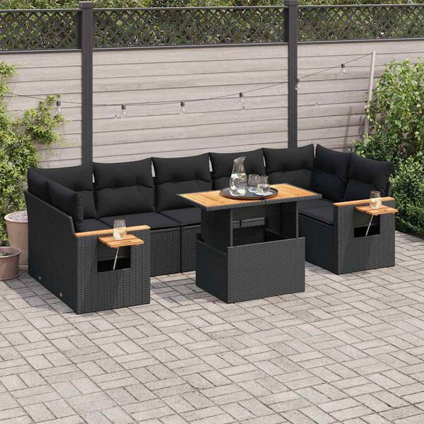 vidaXL 8 Piece Garden Sofa Set with Cushions Black Poly Rattan Acacia