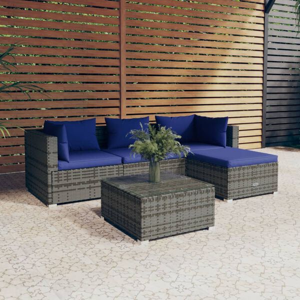 vidaXL 5 Piece Garden Lounge Set with Cushions Poly Rattan Grey