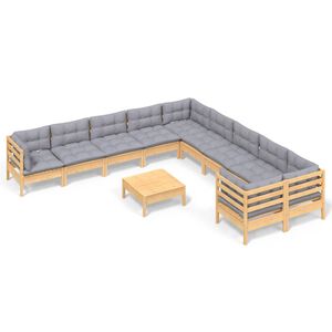 vidaXL 11 Piece Garden Lounge Set with Grey Cushions Pinewood