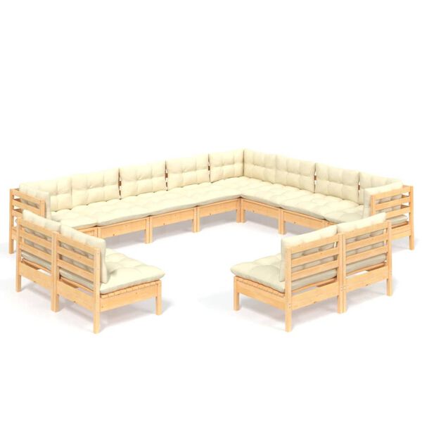 vidaXL 12 Piece Garden Lounge Set with Cream Cushions Solid Pinewood