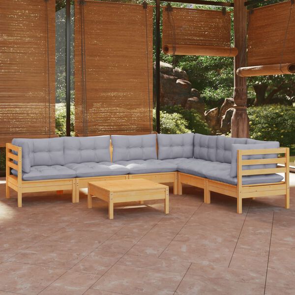 vidaXL 7 Piece Garden Lounge Set with Grey Cushions Solid Pinewood
