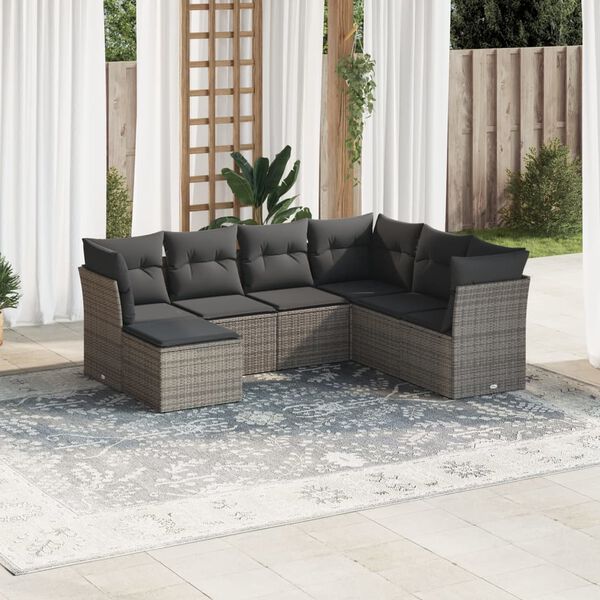 vidaXL 7 Piece Garden Sofa Set with Cushions Grey Poly Rattan