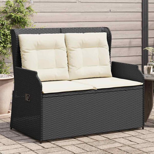 vidaXL Reclining Garden Bench with Cushions Black Poly Rattan