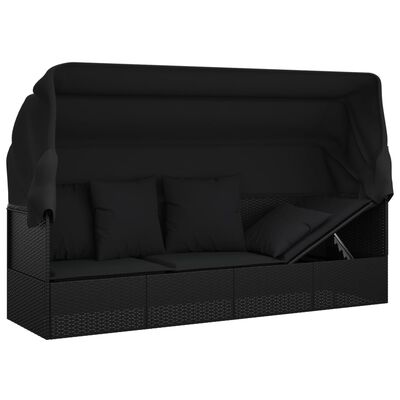 vidaXL Outdoor Lounge Bed with Roof and Cushions Black Poly Rattan