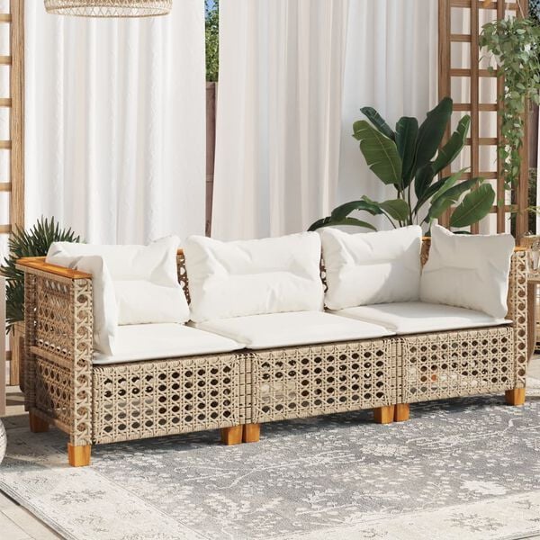 vidaXL Garden Sofa with Cushions 3-Seater Beige Poly Rattan