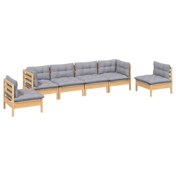vidaXL 6 Piece Garden Lounge Set with Grey Cushions Solid Pinewood