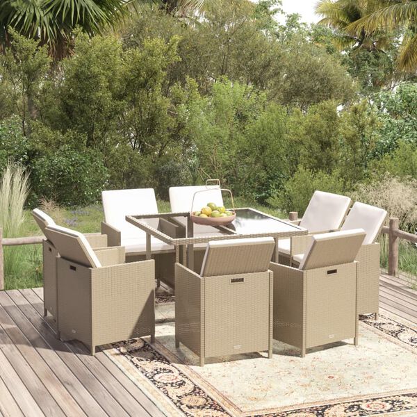 vidaXL 9 Piece Garden Dining Set with Cushions Poly Rattan Beige