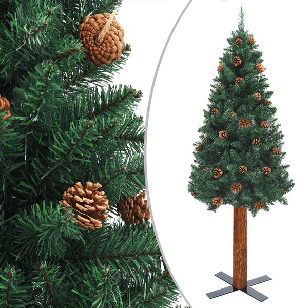vidaXL Slim Pre-lit Christmas Tree with Real Wood&Cones Green 150 cm
