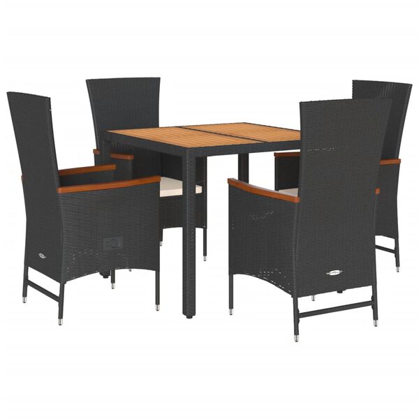 vidaXL 5 Piece Garden Dining Set with Cushions Black Poly Rattan