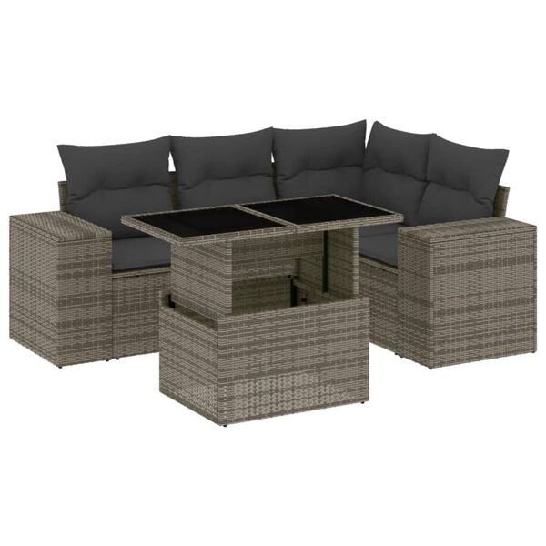 vidaXL 5 Piece Garden Sofa Set with Cushions Grey Poly Rattan