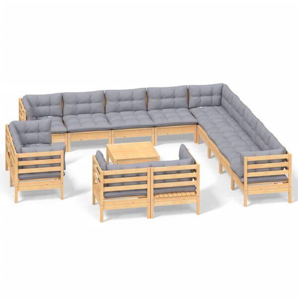 vidaXL 14 Piece Garden Lounge Set with Grey Cushions Solid Pinewood