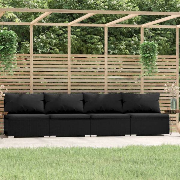 vidaXL 4-Seater Sofa with Cushions Black Poly Rattan