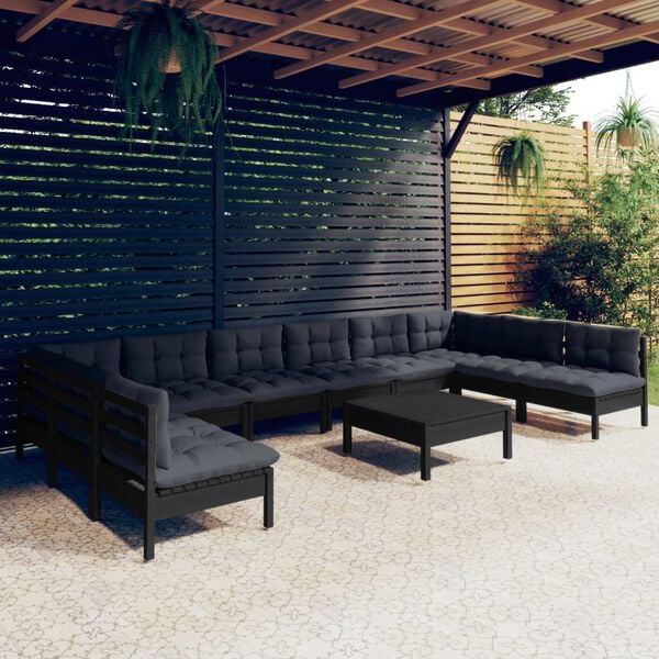 vidaXL 11 Piece Garden Lounge Set with Cushions Black Solid Pinewood