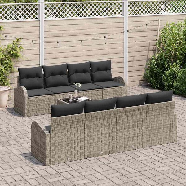 vidaXL Garden Sofa Set with Storage with Pillow 9 pcs Grey Poly Rattan