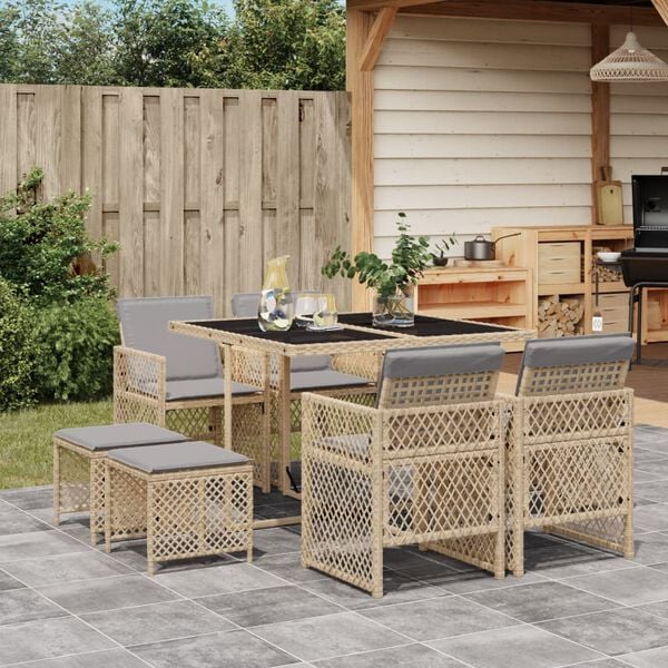 vidaXL 9 Piece Garden Dining Set with Cushions Beige Poly Rattan