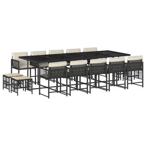 vidaXL 15 Piece Garden Dining Set with Cushions Black Poly Rattan