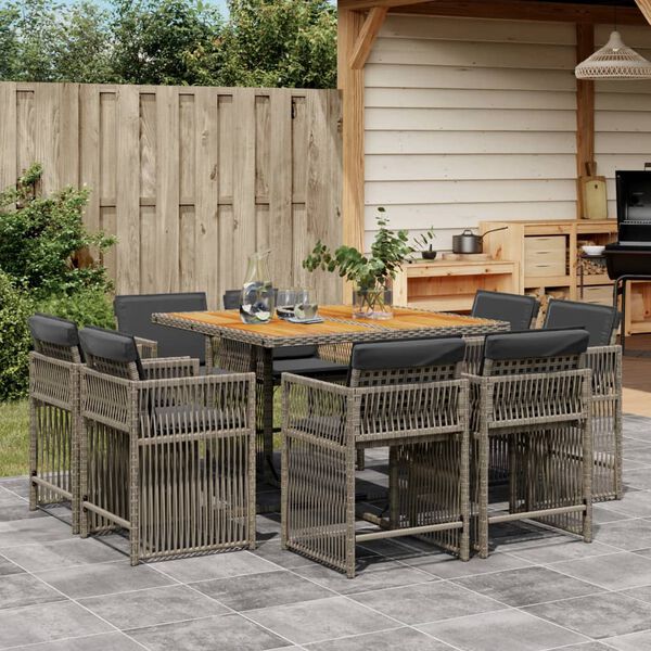 vidaXL 9 Piece Garden Dining Set with Cushions Grey Poly Rattan
