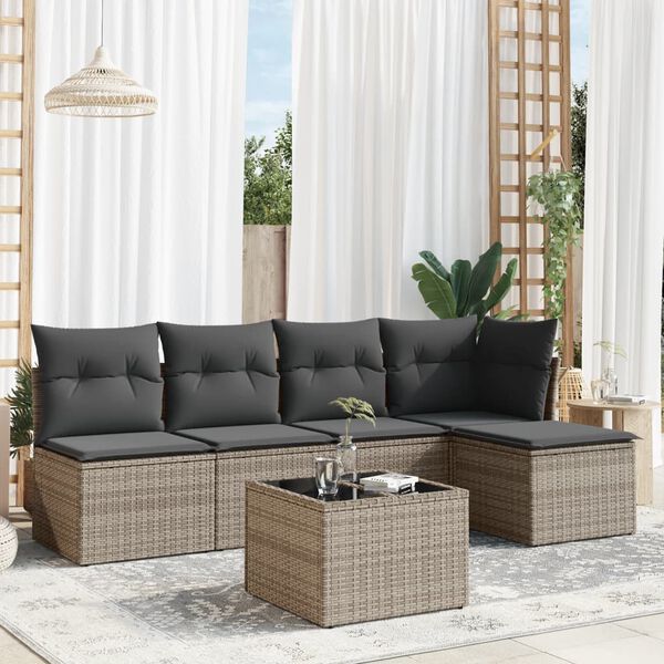vidaXL 6 Piece Garden Sofa Set with Cushions Grey Poly Rattan