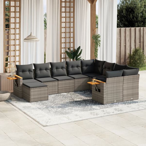 vidaXL 10 Piece Garden Sofa Set with Cushions Grey Poly Rattan