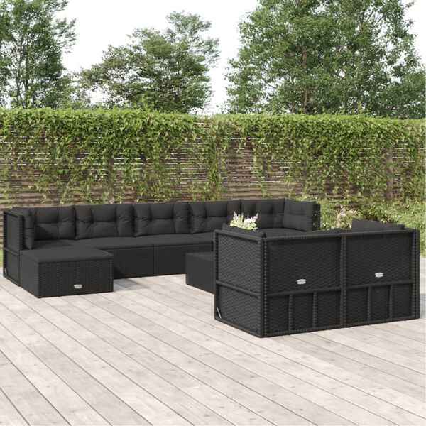 vidaXL 9 Piece Outdoor Sofa Set with Cushions Black Poly Rattan