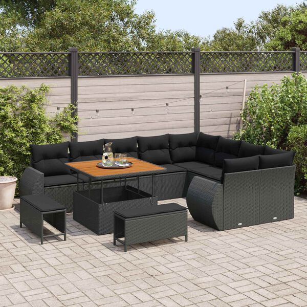 vidaXL Garden Sofa Set Height-Adjustable 12 pcs Black Poly Rattan