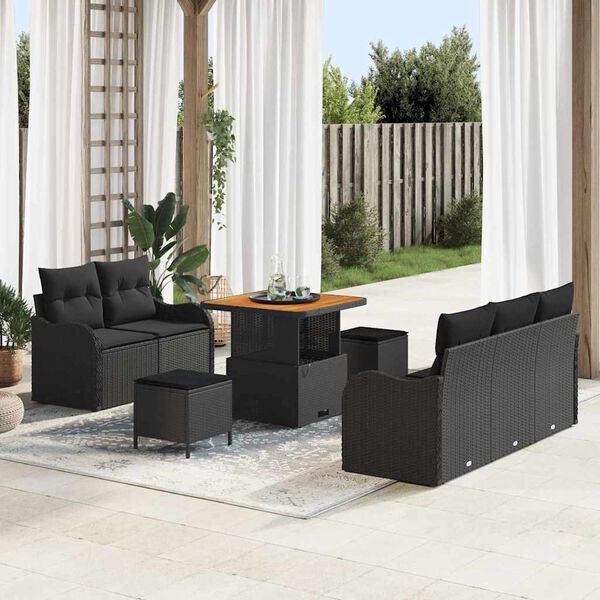 vidaXL Garden Sofa Set Height-Adjustable 8 pcs Black Poly Rattan