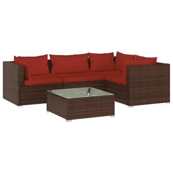 vidaXL 5 Piece Garden Lounge Set with Cushions Poly Rattan Brown