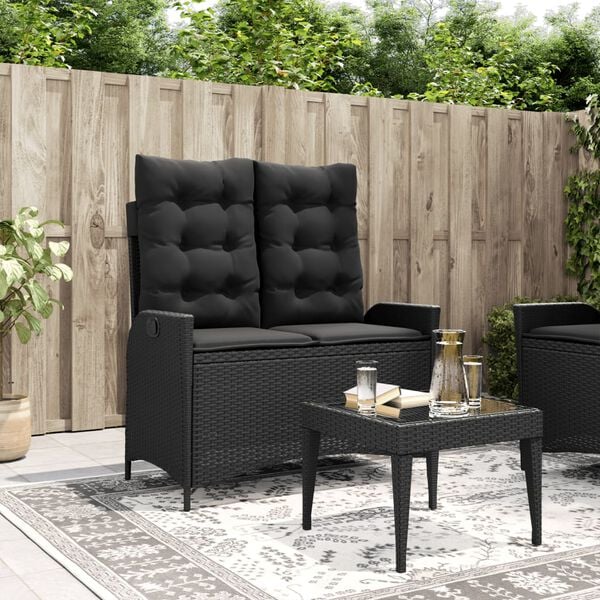 vidaXL Reclining Garden Bench with Cushions Black Poly Rattan