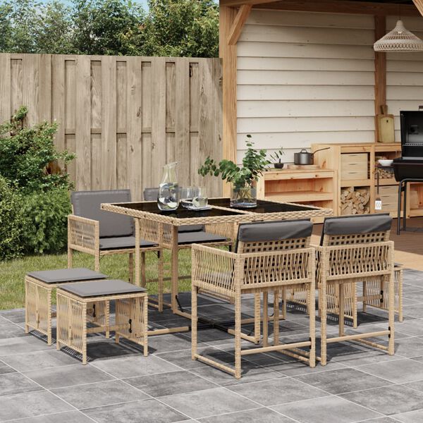 vidaXL 9 Piece Garden Dining Set with Cushions Mix Beige Poly Rattan