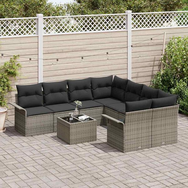 vidaXL Garden Sofa Set with Cushion 9 pcs Grey Poly Rattan