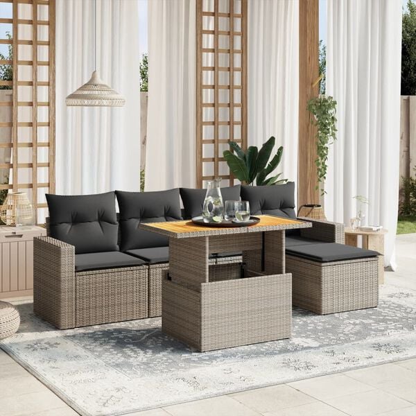vidaXL 6 Piece Garden Sofa Set with Cushions Grey Poly Rattan