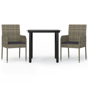 vidaXL 3 Piece Garden Dining Set with Cushions Black&Grey Poly Rattan