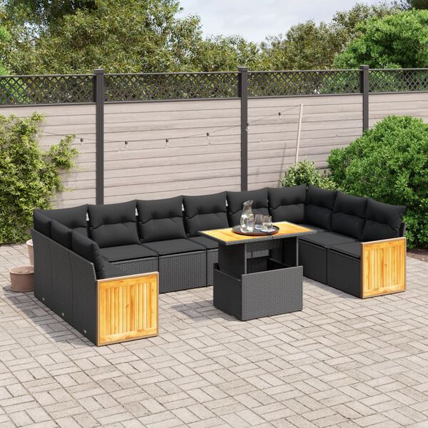 vidaXL 11 Piece Garden Sofa Set with Cushions Black Poly Rattan