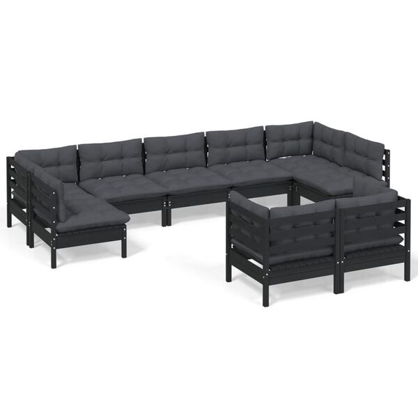 vidaXL 9 Piece Garden Lounge Set with Cushions Black Solid Pinewood