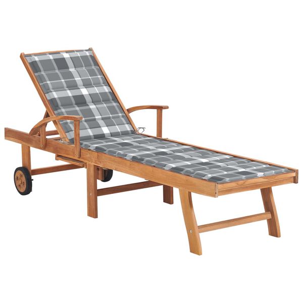 vidaXL Sun Lounger with Grey Check Pattern Cushion Solid Teak Wood