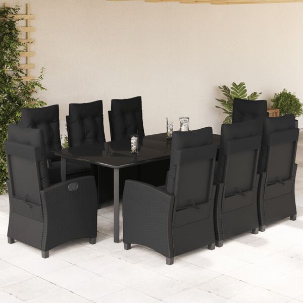 vidaXL 9 Piece Garden Dining Set with Cushions Black Poly Rattan