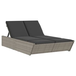 vidaXL Double Sun Lounger with Cushions Grey Poly Rattan