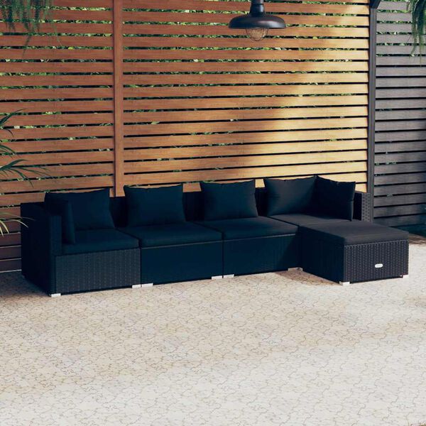 vidaXL 5 Piece Garden Lounge Set with Cushions Poly Rattan Black
