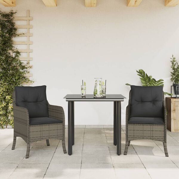 vidaXL 3 Piece Garden Dining Set with Cushions Grey Poly Rattan