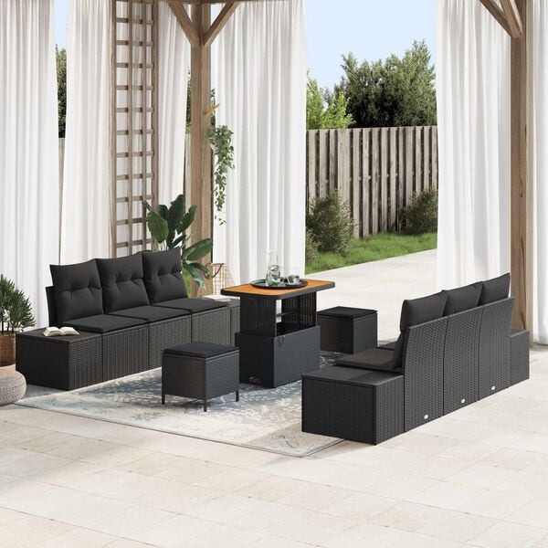 vidaXL Garden Sofa Set with Cushion 9 pcs Black Poly rattan