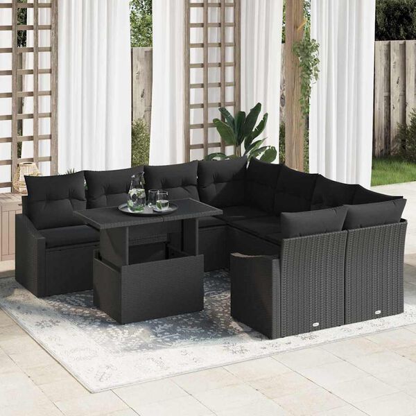 vidaXL Garden Sofa Set with Cushion 9 pcs Black Poly Rattan
