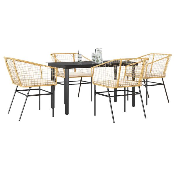 vidaXL 5 Piece Garden Dining Set with Cushions Brown Poly Rattan Glass