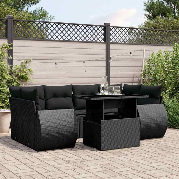 vidaXL 7 Piece Garden Sofa Set with Cushions Black Poly Rattan