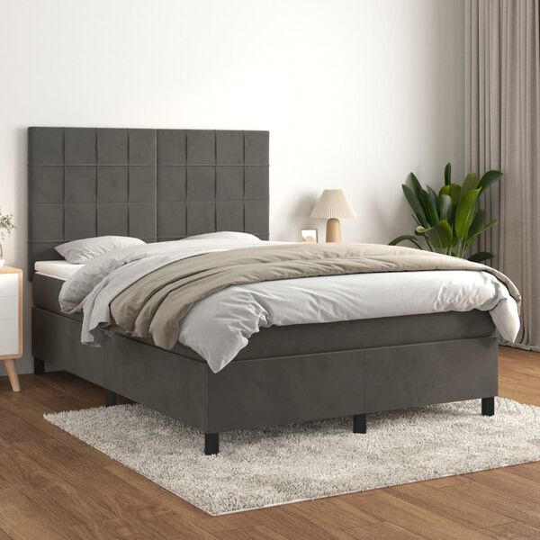 vidaXL Box Spring Bed with Mattress Dark Grey 137x187 cm Double Size Velvet