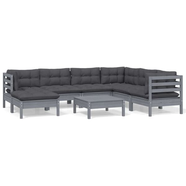 vidaXL 8 Piece Garden Lounge Set with Cushions Grey Solid Pinewood