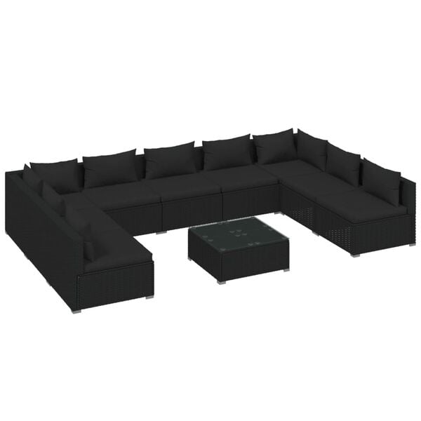 vidaXL 10 Piece Garden Lounge Set with Cushions Poly Rattan Black