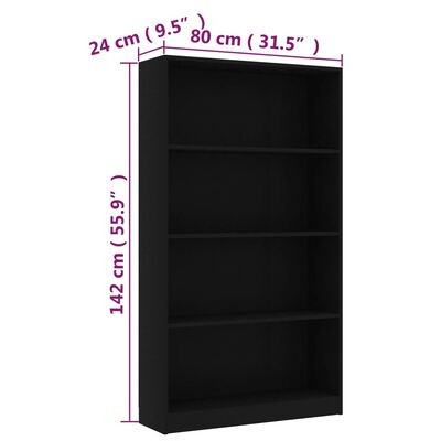 vidaXL 4-Tier Book Cabinet Black 80x24x142 cm Engineered Wood